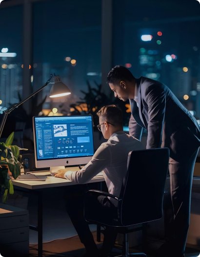 Two colleagues reviewing an analytics dashboard together in an office at night